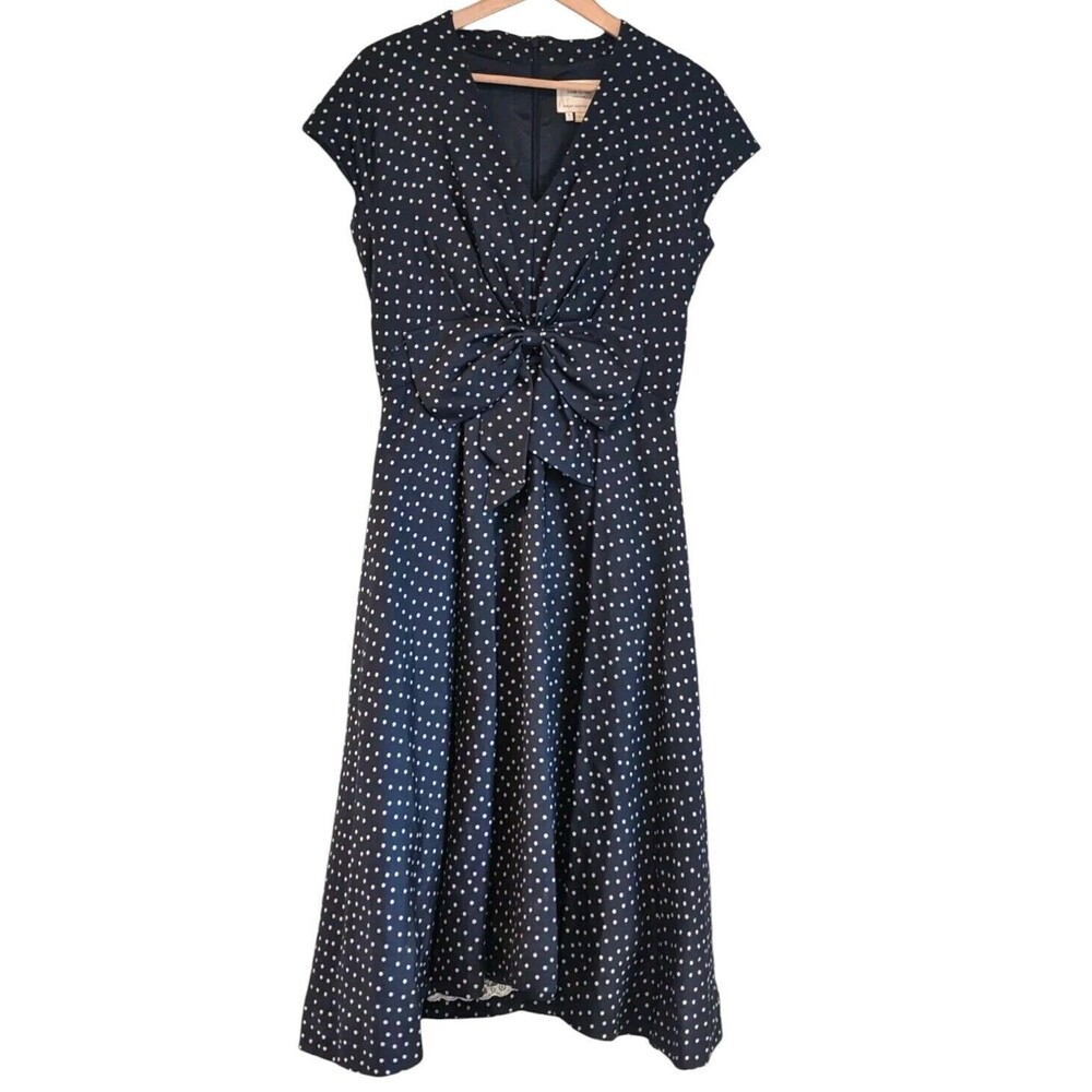 Kate Spade NY Womens 8  Freesia Midi Black Dress Gold Polka Dot Vintage Retro